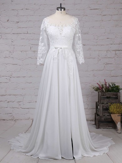 Chiffon Tulle Scoop Neck A-line Sweep Train Appliques Lace Wedding Dresses #LDB00023290