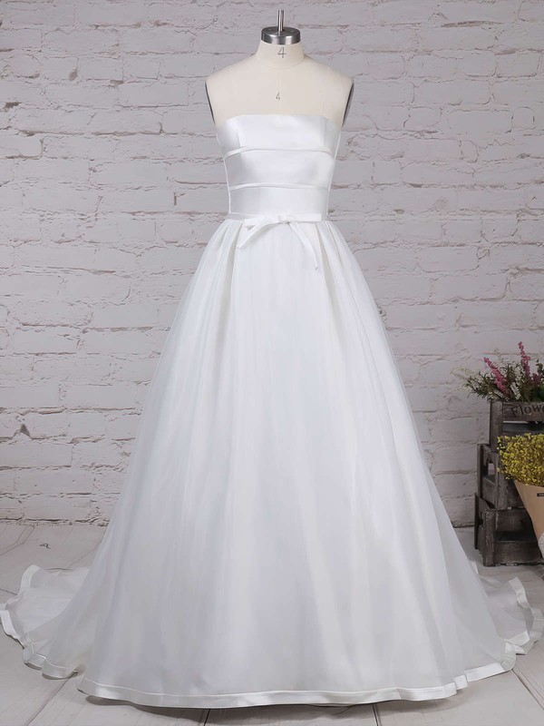Satin Lace Strapless Ball Gown Court Train Sashes / Ribbons Wedding Dresses #LDB00023262