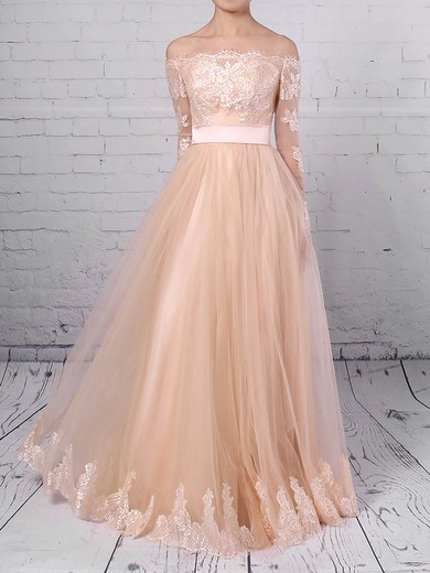 Tulle Off-the-shoulder Princess Floor-length Appliques Lace Wedding Dresses #LDB00023280