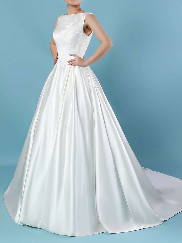 Satin Scoop Neck Ball Gown Sweep Train Appliques Lace Wedding Dresses #LDB00023317
