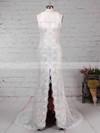 Sheath/Column Scoop Neck Lace Sweep Train Split Front Wedding Dresses #LDB00023287