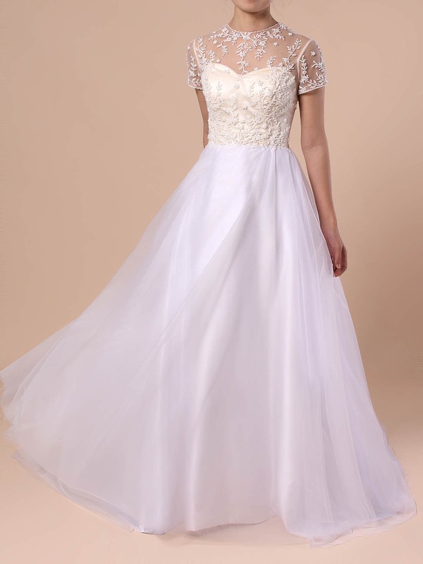 Princess Scoop Neck Tulle Sweep Train Beading Wedding Dresses #LDB00023351