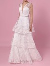 A-line V-neck Lace Sweep Train Beading Wedding Dresses #LDB00023353