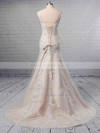 A-line V-neck Tulle Sweep Train Appliques Lace Wedding Dresses #LDB00023356