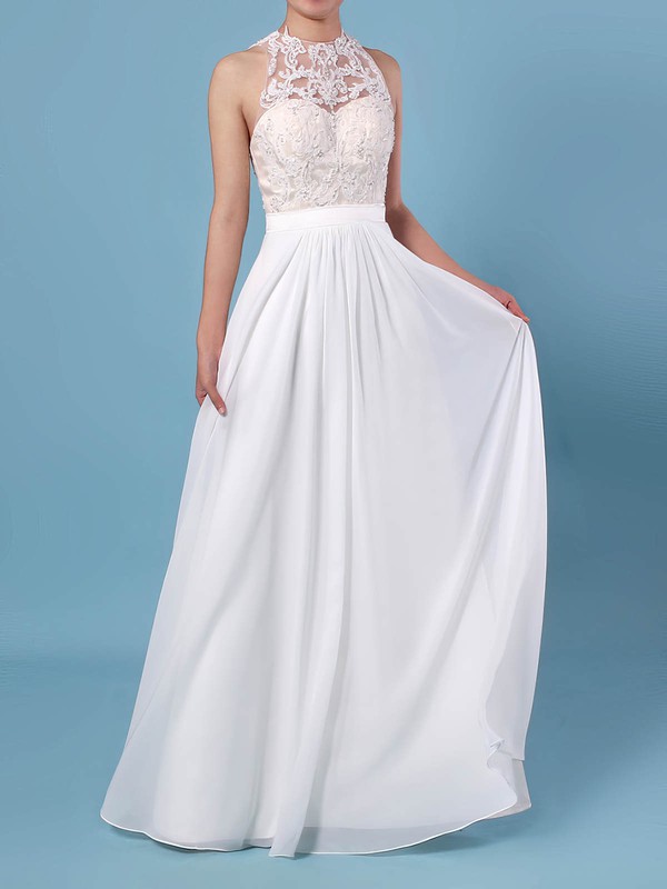 A-line Scoop Neck Chiffon Tulle Floor-length Beading Wedding Dresses #LDB00023360