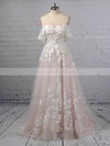 A-line Off-the-shoulder Tulle Sweep Train Appliques Lace Wedding Dresses #LDB00023365