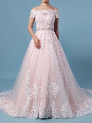 Ball Gown Off-the-shoulder Tulle Sweep Train Beading Wedding Dresses #LDB00023369