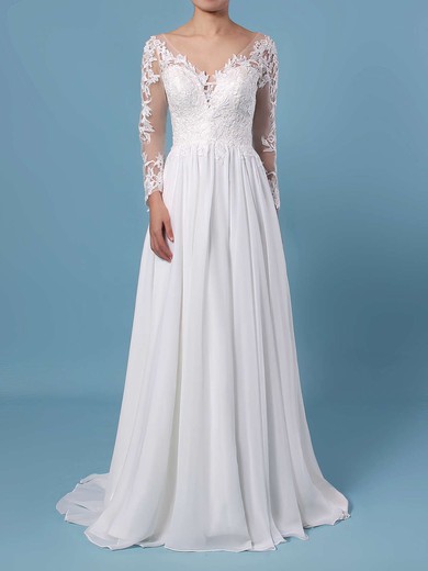 A-line V-neck Chiffon Tulle Sweep Train Appliques Lace Wedding Dresses #LDB00023371