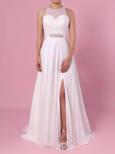 A-line Scoop Neck Lace Chiffon Floor-length Sashes / Ribbons Wedding Dresses #LDB00023372