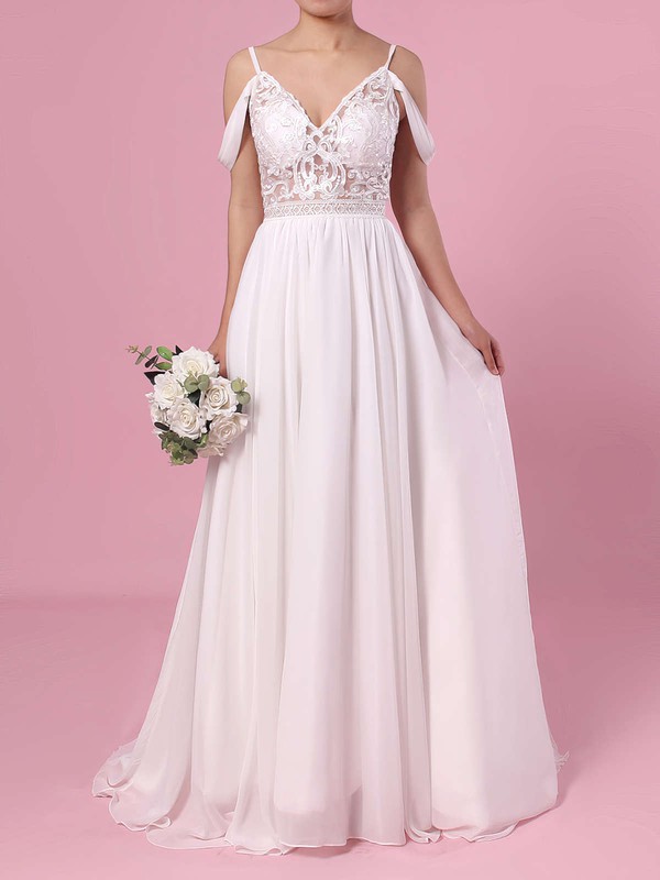 A-line V-neck Chiffon Sweep Train Lace Wedding Dresses #LDB00023377
