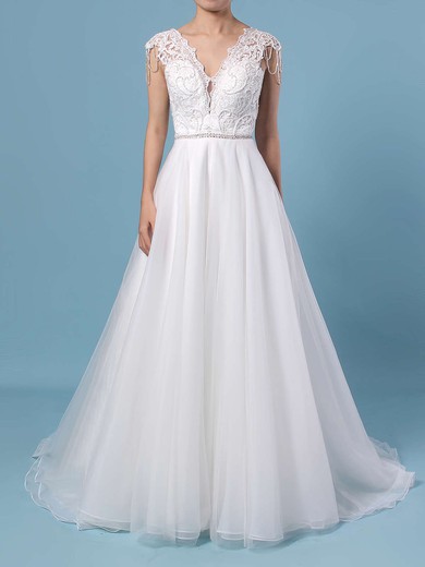 Princess V-neck Tulle Sweep Train Appliques Lace Wedding Dresses #LDB00023380
