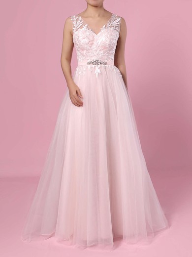 Princess V-neck Tulle Sweep Train Appliques Lace Wedding Dresses #LDB00023381