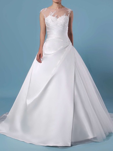 Ball Gown Scoop Neck Tulle Sweep Train Appliques Lace Wedding Dresses #LDB00023390
