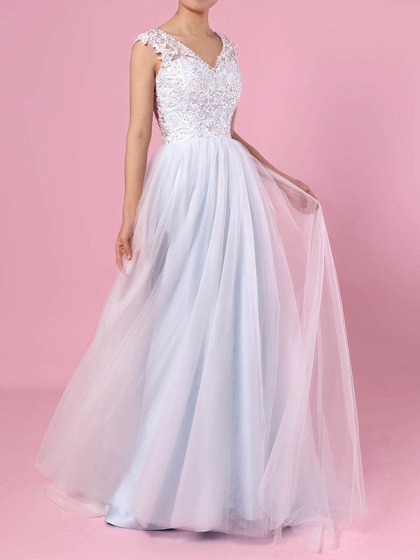 A-line V-neck Tulle Sweep Train Appliques Lace Wedding Dresses #LDB00023394