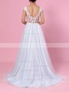 A-line V-neck Tulle Sweep Train Appliques Lace Wedding Dresses #LDB00023394
