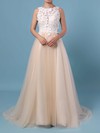 A-line Scoop Neck Lace Tulle Sweep Train Appliques Lace Wedding Dresses #LDB00023395