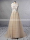 A-line Scoop Neck Lace Tulle Sweep Train Appliques Lace Wedding Dresses #LDB00023395