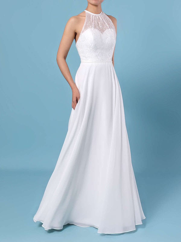 A-line Scoop Neck Chiffon Floor-length Lace Wedding Dresses #LDB00023409