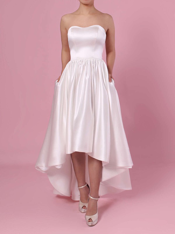 Princess Strapless Satin Asymmetrical Pockets Wedding Dresses #LDB00023426