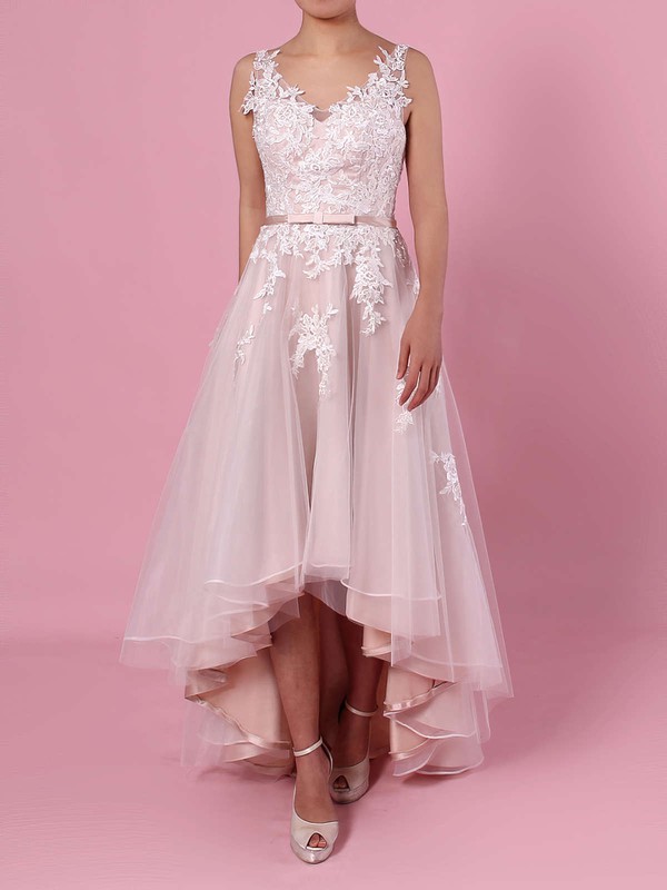 A-line V-neck Tulle Asymmetrical Appliques Lace Wedding Dresses #LDB00023427