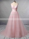 A-line V-neck Tulle Sweep Train Sashes / Ribbons Wedding Dresses #LDB00023430