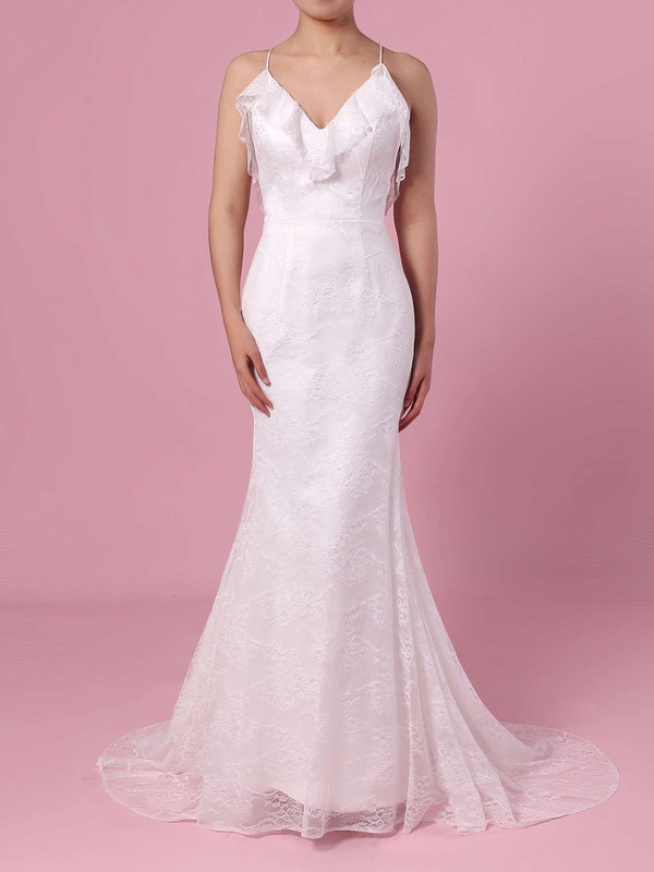 Sheath/Column V-neck Lace Sweep Train Wedding Dresses #LDB00023439