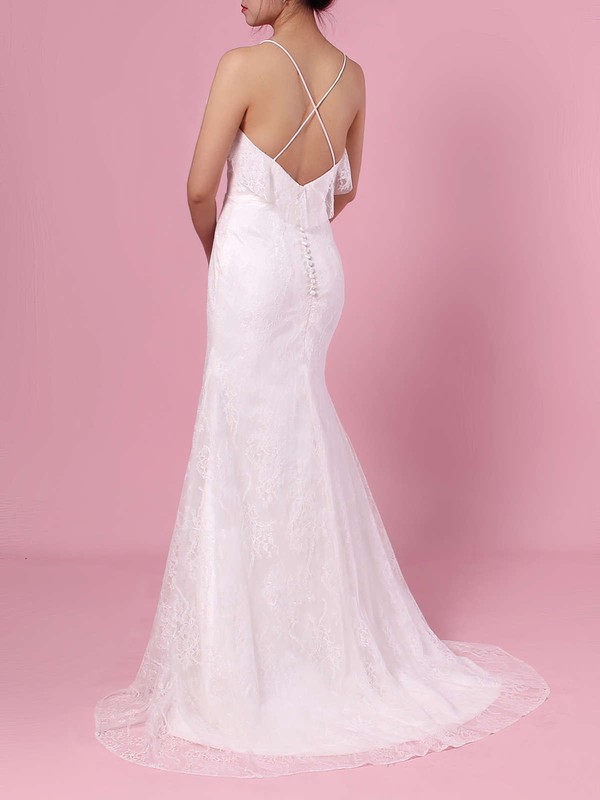 Sheath/Column V-neck Lace Sweep Train Wedding Dresses #LDB00023439