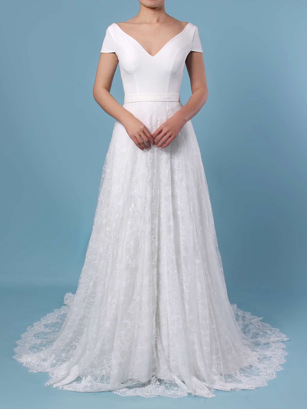 A-line Scoop Neck Lace Sweep Train Sashes / Ribbons Wedding Dresses #LDB00023448