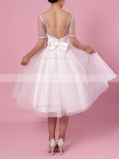 Princess Scoop Neck Tulle Tea-length Bow Wedding Dresses #LDB00023451