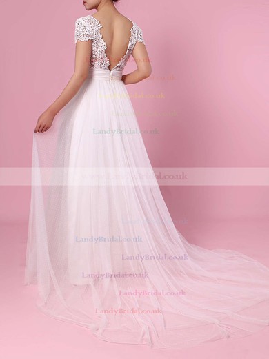 A-line V-neck Lace Tulle Sweep Train Sashes / Ribbons Wedding Dresses #LDB00023453