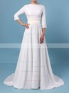 A-line Scoop Neck Satin Sweep Train Sashes / Ribbons Wedding Dresses #LDB00023461
