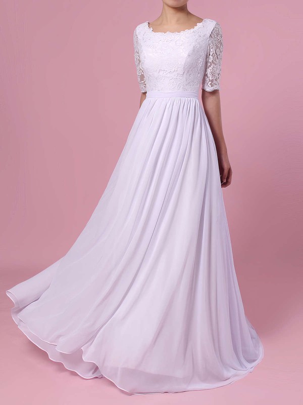 A-line Scoop Neck Lace Chiffon Sweep Train Sashes / Ribbons Wedding Dresses #LDB00023464