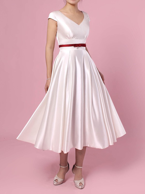 Satin V-neck Princess Tea-length Sashes / Ribbons Wedding Dresses #LDB00023271