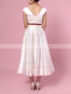 Satin V-neck Princess Tea-length Sashes / Ribbons Wedding Dresses #LDB00023271