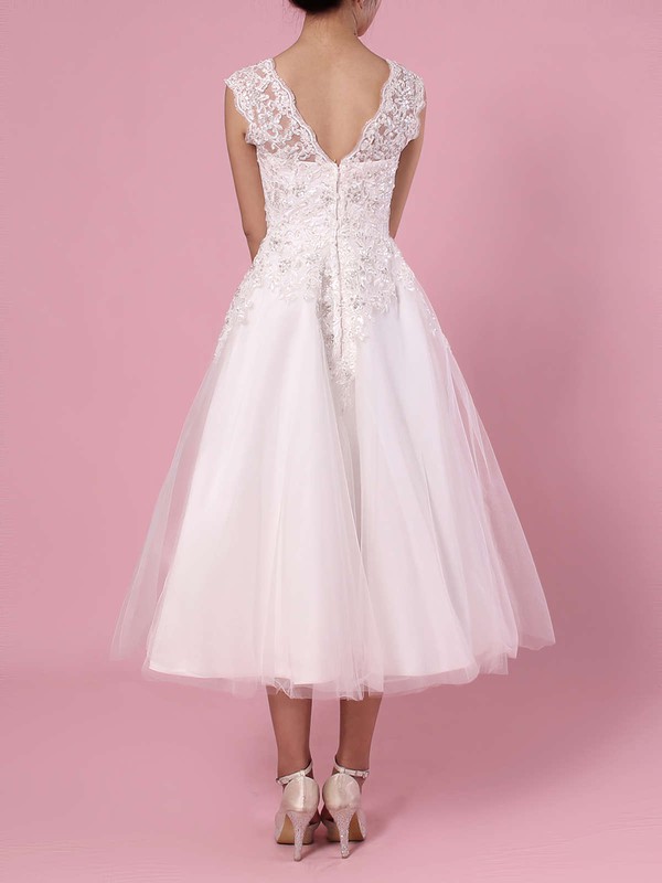 Tulle Scoop Neck Ball Gown Tea-length Beading Wedding Dresses #LDB00023274