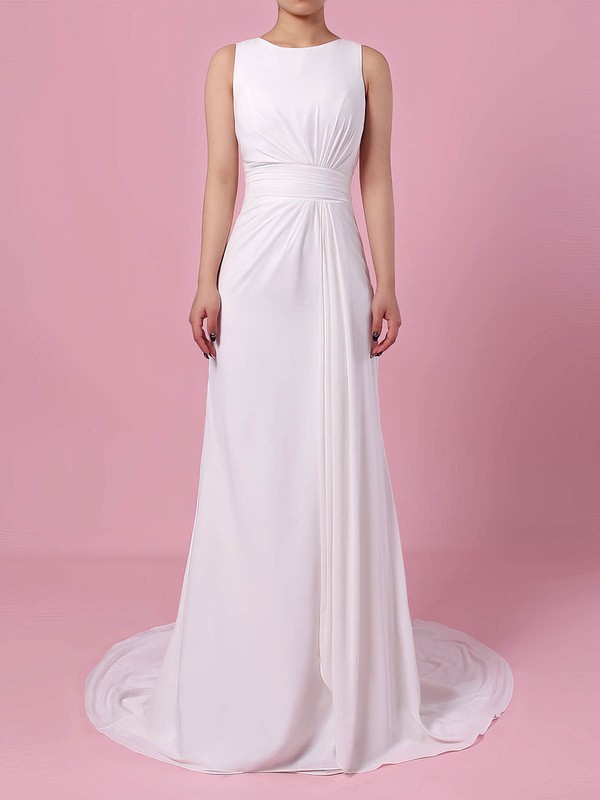 Lace Satin Chiffon Scoop Neck Sheath/Column Sweep Train Appliques Lace Wedding Dresses #LDB00023257