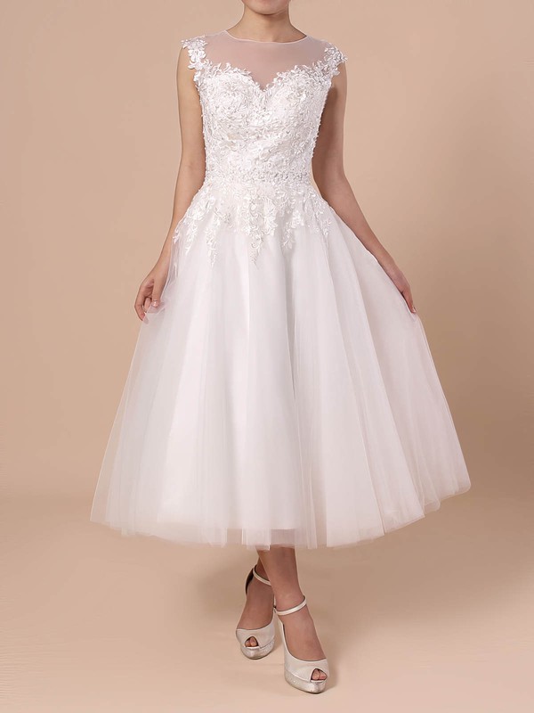 Tulle Scoop Neck Ball Gown Tea-length Beading Wedding Dresses #LDB00023268