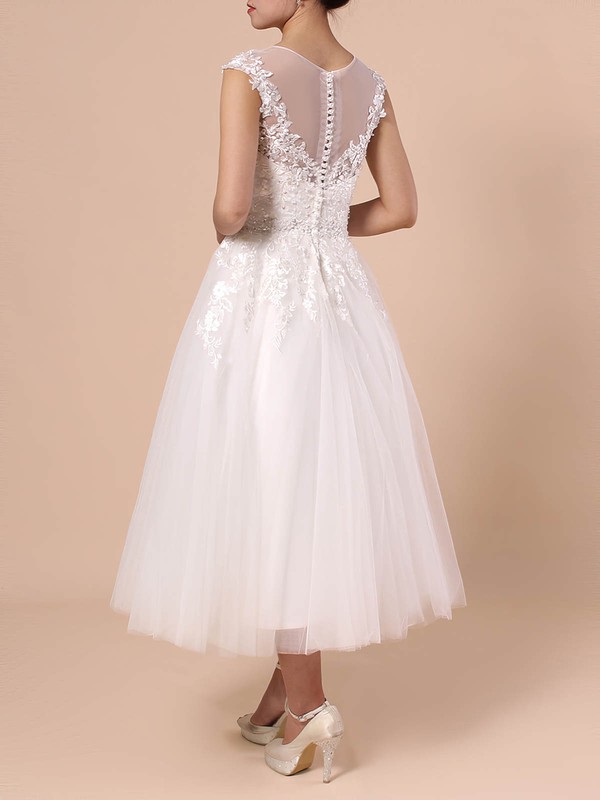 Tulle Scoop Neck Ball Gown Tea-length Beading Wedding Dresses #LDB00023268