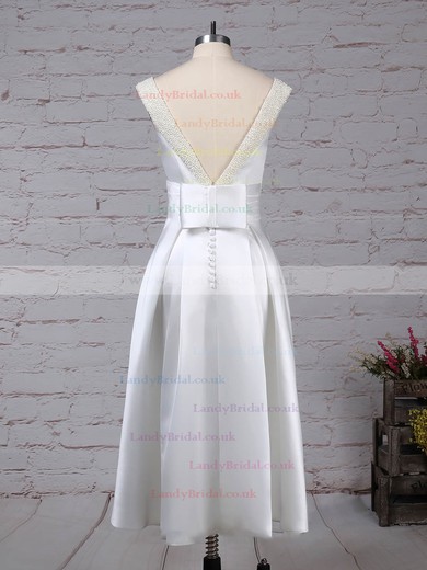 Satin Scoop Neck Princess Tea-length Bow Wedding Dresses #LDB00023269