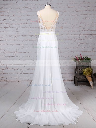 Chiffon Scoop Neck Trumpet/Mermaid Watteau Train Appliques Lace Wedding Dresses #LDB00023156