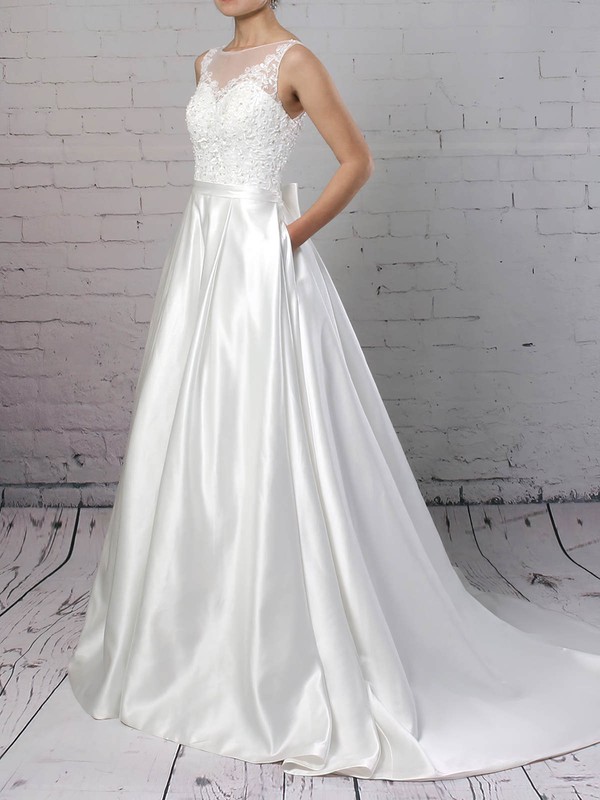 Satin Tulle Scoop Neck Ball Gown Sweep Train Appliques Lace Wedding Dresses #LDB00023170