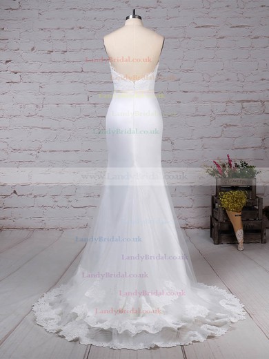Lace Organza V-neck Trumpet/Mermaid Sweep Train Appliques Lace Wedding Dresses #LDB00023228