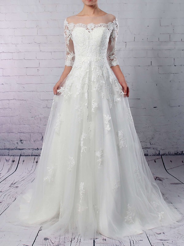 Tulle Scoop Neck Princess Sweep Train Appliques Lace Wedding Dresses #LDB00023162