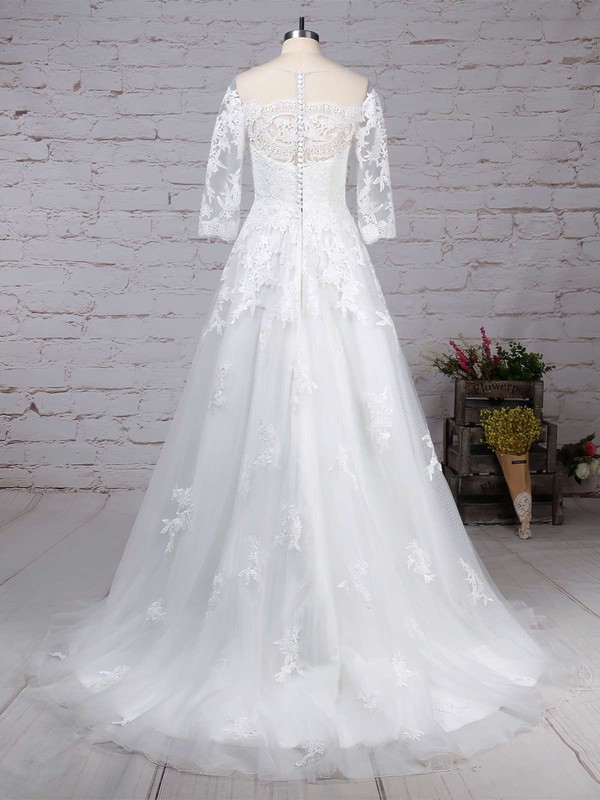 Tulle Scoop Neck Princess Sweep Train Appliques Lace Wedding Dresses #LDB00023162