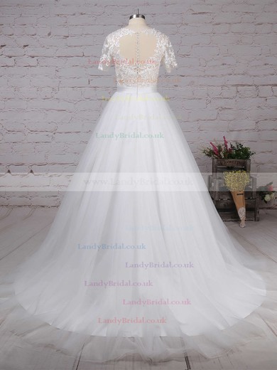 Tulle Scoop Neck Ball Gown Sweep Train Appliques Lace Wedding Dresses #LDB00023225