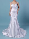 Tulle Silk-like Satin V-neck Trumpet/Mermaid Sweep Train Beading Wedding Dresses #LDB00023242