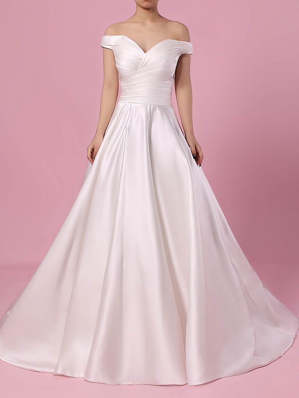 Satin Off-the-shoulder Ball Gown Sweep Train Ruffles Wedding Dresses #LDB00023252