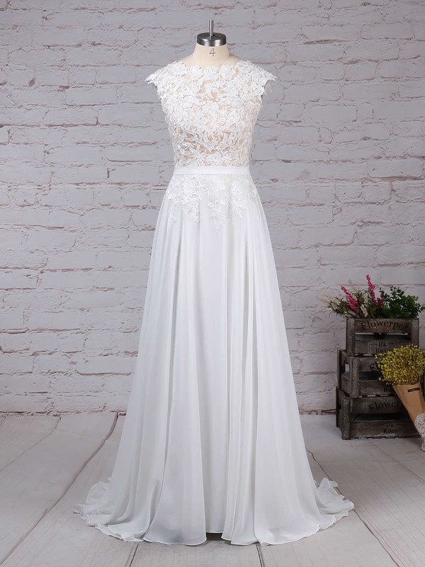 Lace Chiffon Scoop Neck A-line Sweep Train Sashes / Ribbons Wedding Dresses #LDB00023294