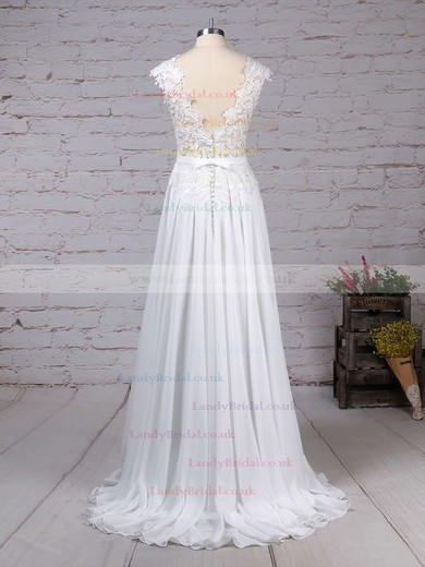Lace Chiffon Scoop Neck A-line Sweep Train Sashes / Ribbons Wedding Dresses #LDB00023294