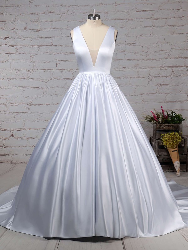 Satin V-neck Ball Gown Court Train Beading Wedding Dresses #LDB00023311